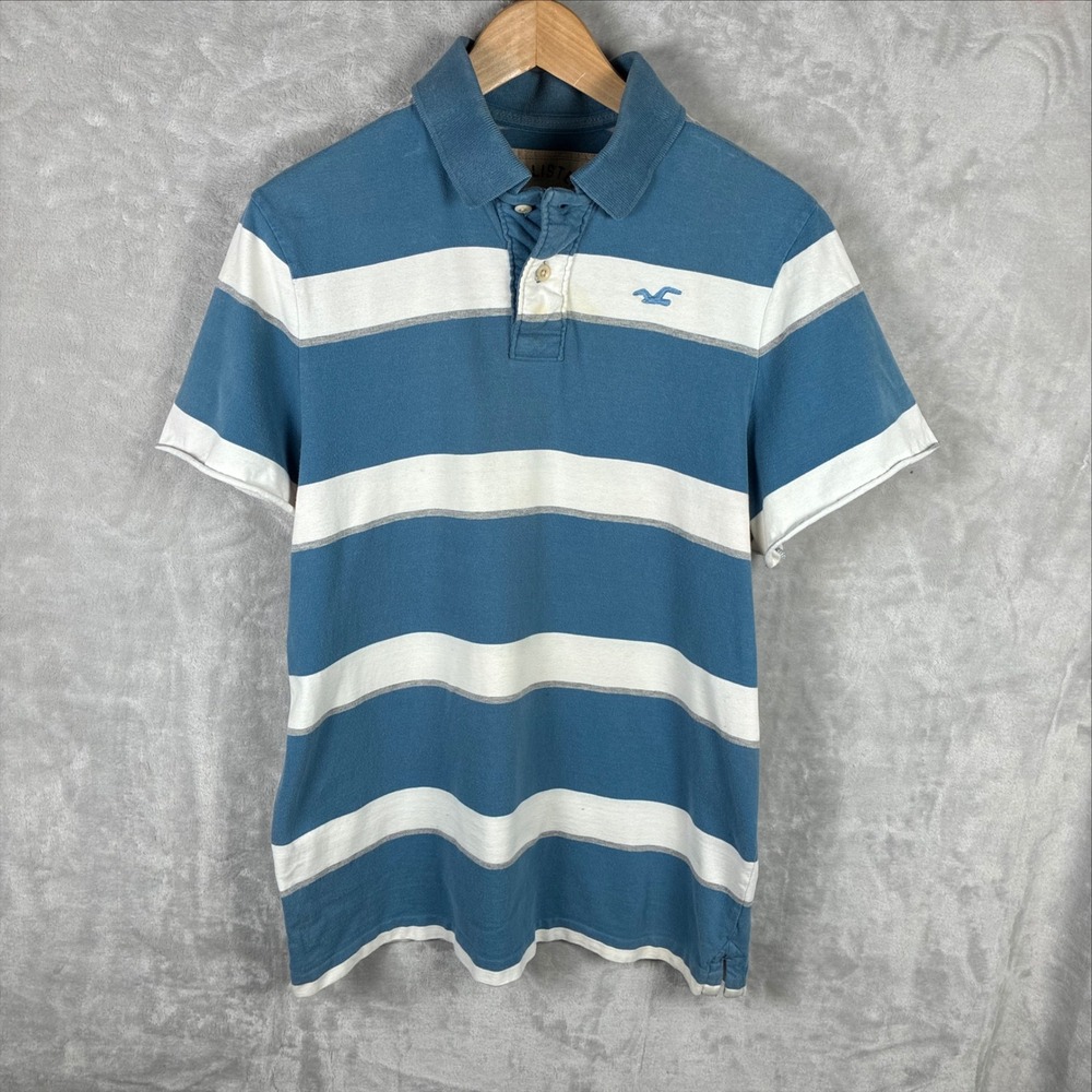 Hollister Mens Blue White Striped Short Sleeve Polo Shirt XL Seagull Logo